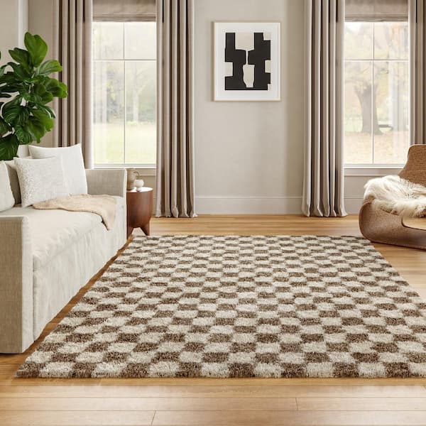 Bettie Retro Checkered Shag Beige 12 ft. x 15 ft. Indoor Area Rug