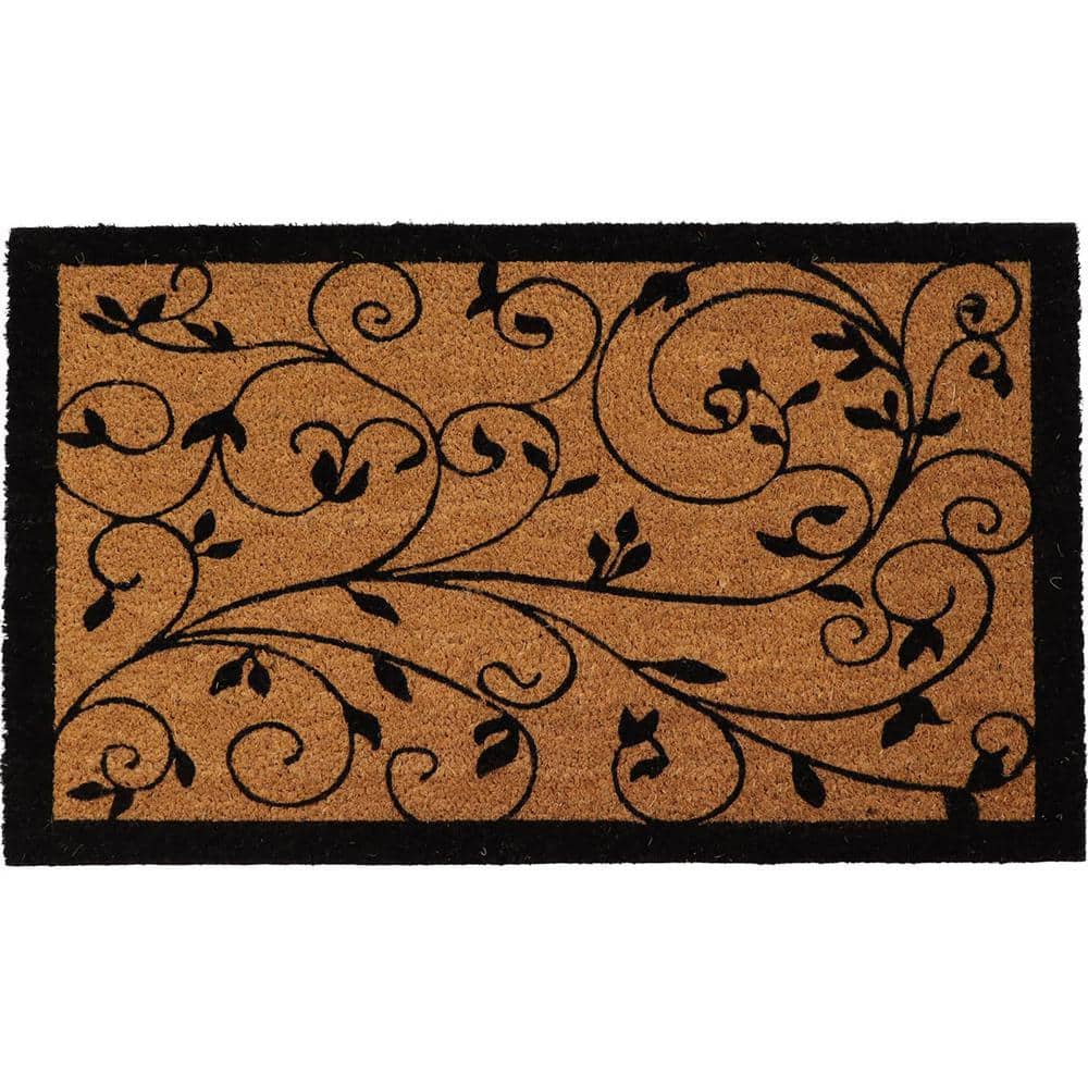 Natural Coir Outdoor Doormat with Black Leafy Vine Print