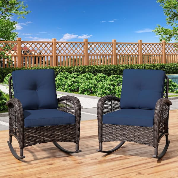Wicker Outdoor Rocking Chair Patio with Blue Cushion (2-Pack)