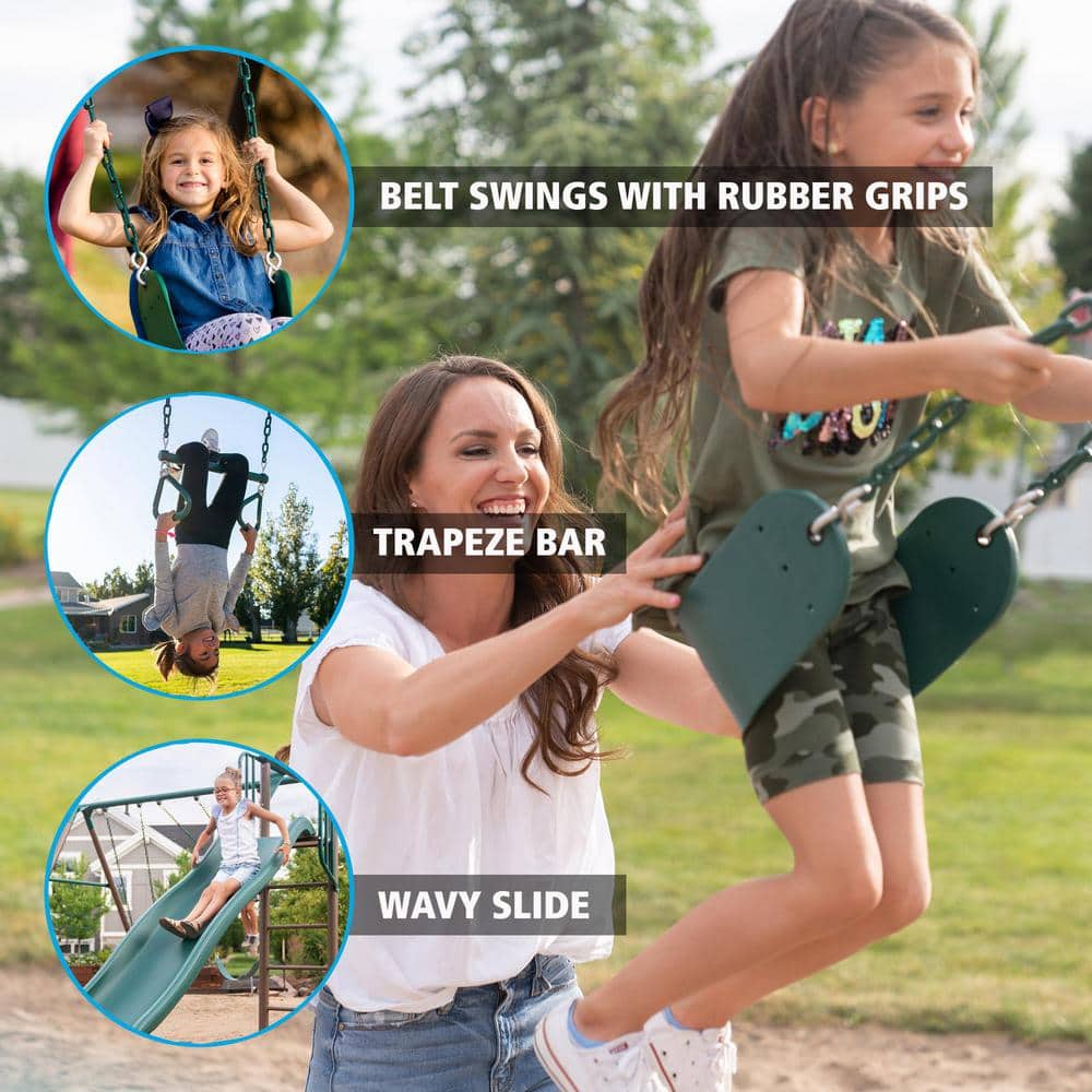 Green and Brown Metal Monkey Bar Swing Set with Slide