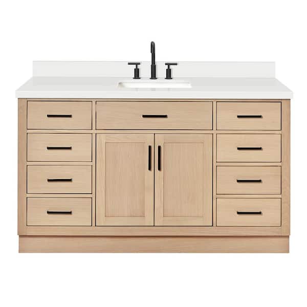 Hepburn 61 in. W x 22 in. D x 36 in. H Single Sink Bath Vanity in Oak with Pure White Quartz Top