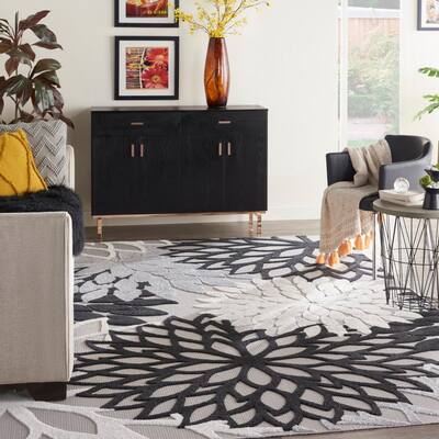 Aloha Black White 8 ft. x 11 ft. Floral Modern Indoor/Outdoor Area Rug