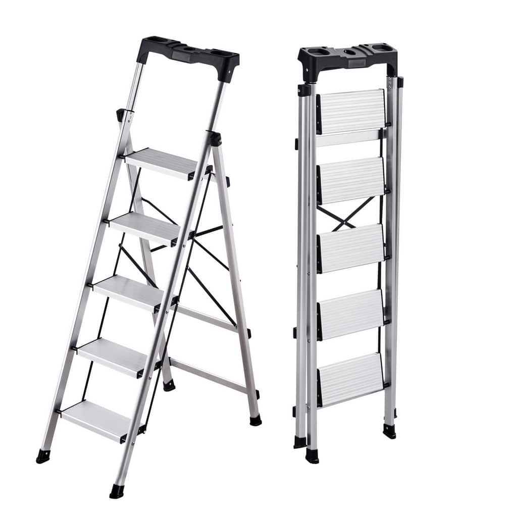 Aluminum 5-Step Ladder, Folding Stool, 330 lbs. Capacity, Wide Anti-Slip Pedals, Handgrip, Portable, Silver, 2025 Update price history on PriceWatchPro