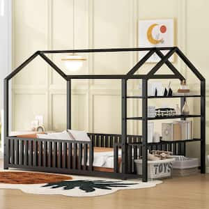 Gray Metal Frame Twin Platform Bed with Fence and Detachable Storage Shelves