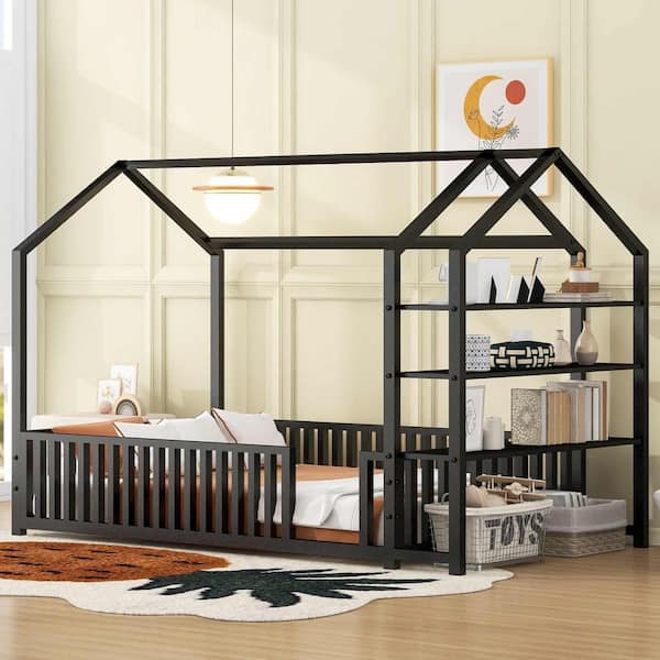 Polibi Gray Metal Frame Twin Platform Bed with Fence and Detachable Storage Shelves