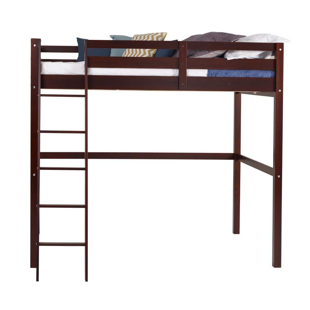 Cappuccino Twin Pine Wood Loft Bed with Ladder and Guard Rails