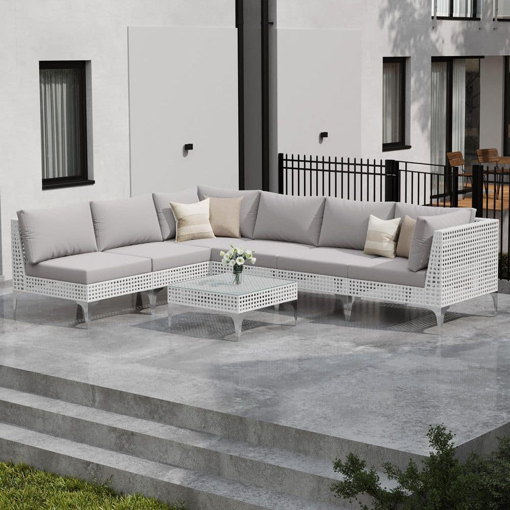 7-Piece Outdoor Wide Rattan Sectional Sofa Set Wicker Patio Conversation Se