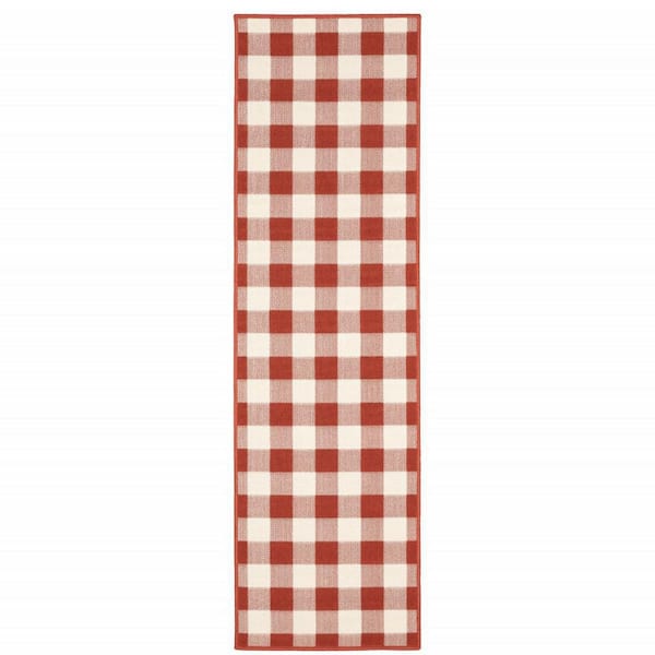 Red, Ivory 2 ft. x 8 ft. Loomed Geometric Polypropylene Rectangle Indoor/Outdoor Area Rug