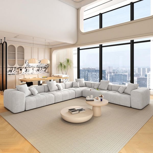 185.1 in. Wide Square Arm Velvet L-Shaped Sofa Couch with Removable Ottoman in Beige