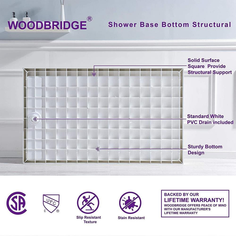 White Rectangular Shower Pan with Matte Black Drain Cover
