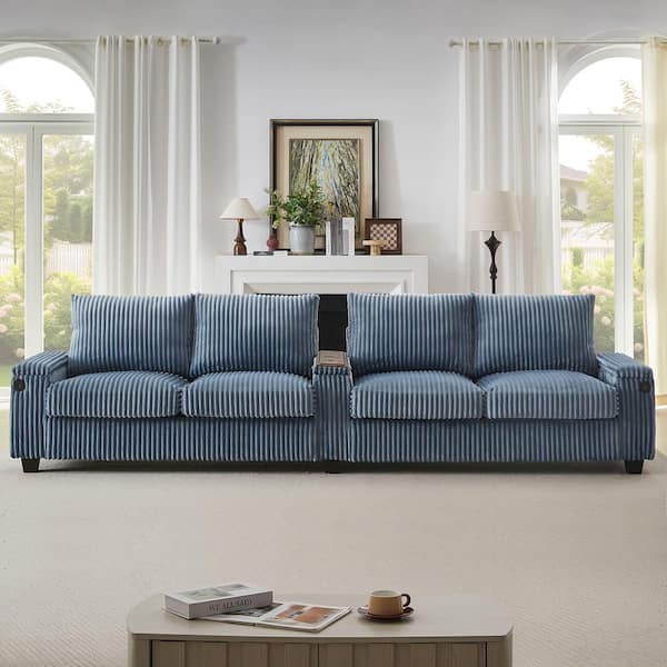 Luxury Collection 133 in. Square Arm Corduroy Modern Rectangle 4-Seater Sofa in Blue with Storage and USB Ports