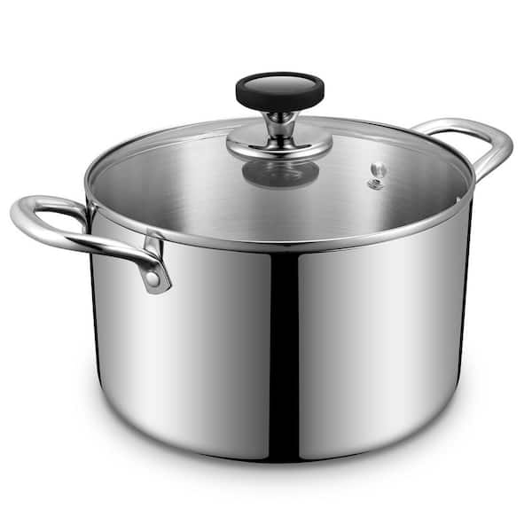 Large 6.5 qt. Silver Tri-Ply Stainless Steel Stock Pot, Heavy Duty Induction Cooking Pot with Visible Lid