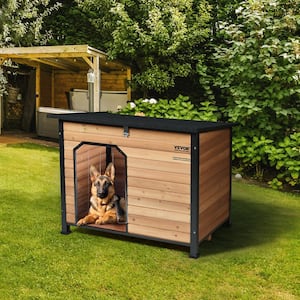 Outdoor Dog House Waterproof Insulated Dog House with Elevated Floor Anti-Bite Wood Dog House Outdoor Iron Frame