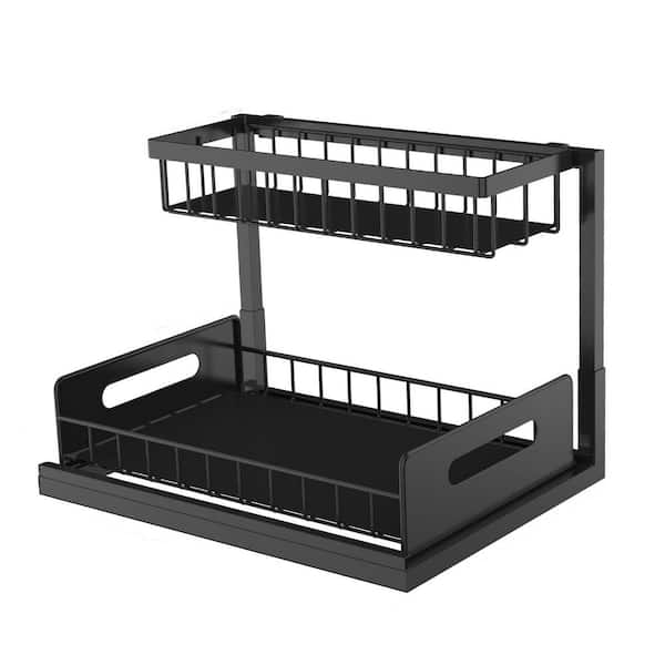 Under Sink Organizer Set, Black, 4 Pack, 2-Tier Pull Out Cabinet Storage with Hooks and Cups