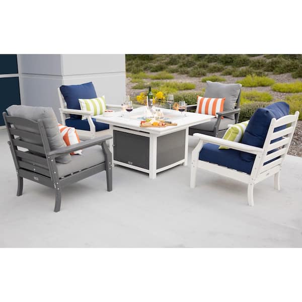 LuXeo Park City 2-Tone White Square Firepit 5-Piece Plastic Patio Conversation Set with 2 White/Gray Chairs-Navy/Gray Cushions