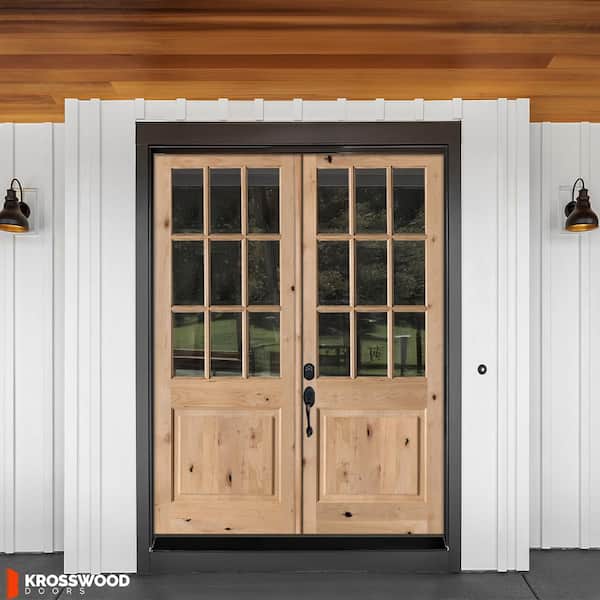 72 in. x 96 in. Craftsman Knotty Alder 9-Lite Clear Glass Unfinished Wood Right Active Inswing Double Prehung Front Door 72 in. x 96 in. Craftsman Knotty Alder 9-Lite Clear Glass Unfinished Wood Right Active Inswing Double Prehung Front Door