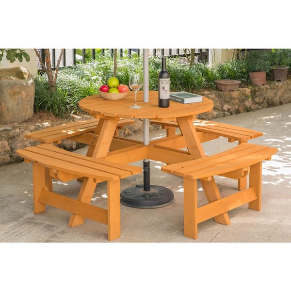 Gardenised Stained 8 Person Round, Round Outdoor Table With Bench Seats