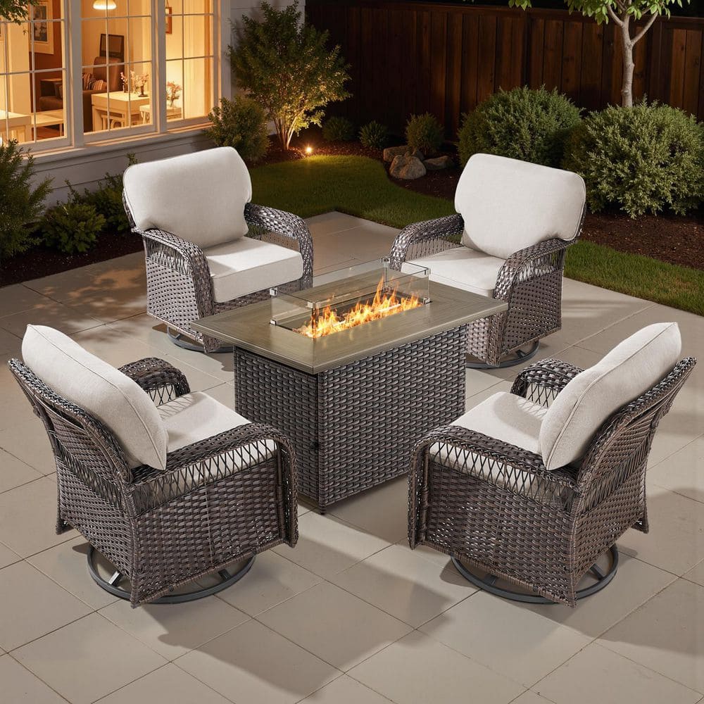 Tyber Brown 5-Piece Wicker Patio Fire Pit Conversation Furniture Set with 5 in. Beige Cushions Outdoor Swivel Chairs price history on PriceWatchPro
