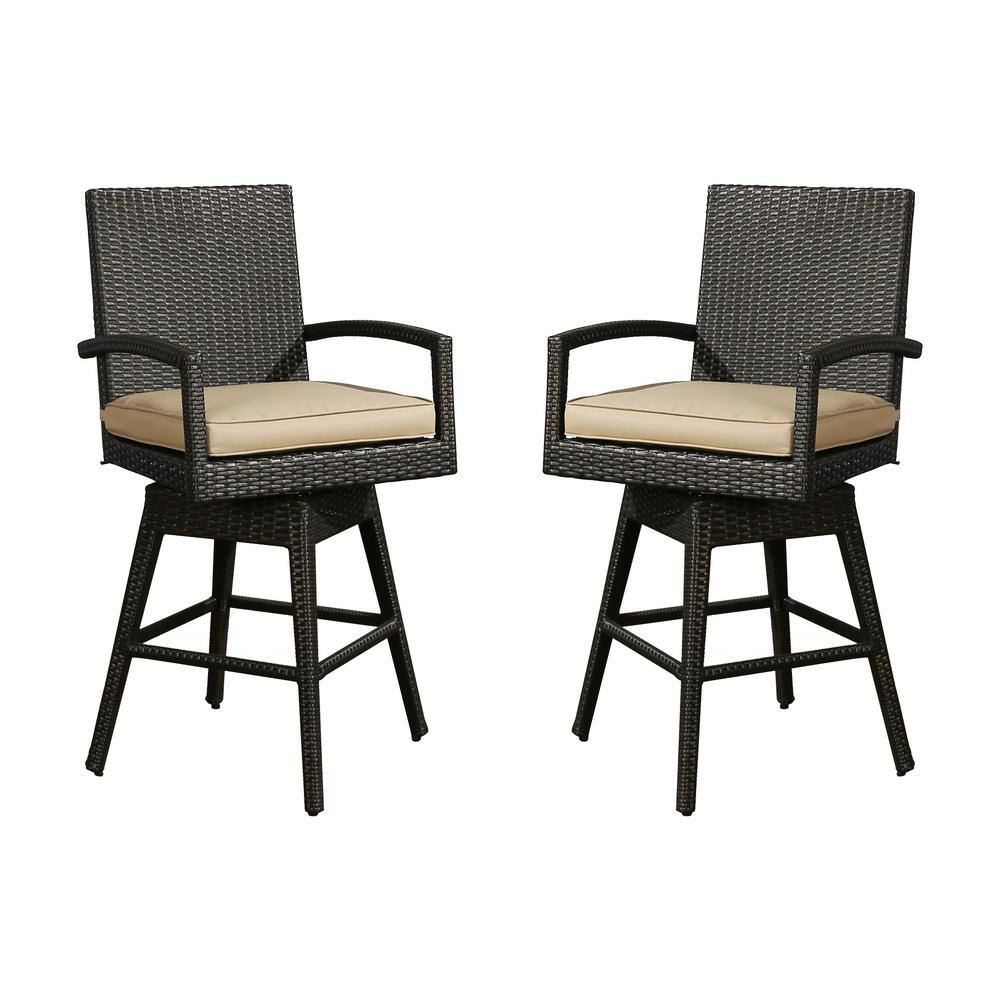 ULAX FURNITURE Swivel Wicker Outdoor Bar Stool with Beige Cushion (2
