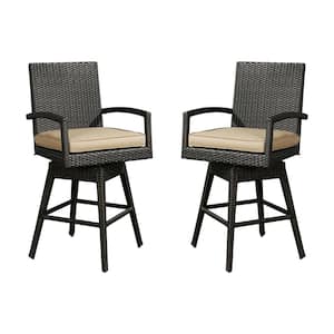 Swivel Wicker Outdoor Bar Stool with Beige Cushion (2-Pack)