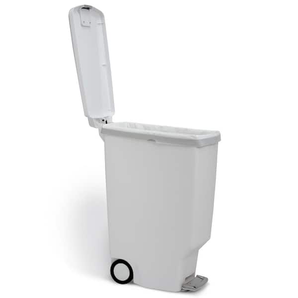 40L Slim Step Kitchen Trash Can, White Plastic with Soft-Close Locking Lid