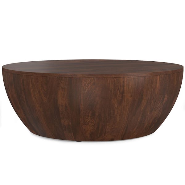 Elmbrook 34 in. Walnut Brown Round Solid Mango Wood Modern Industrial Drum Coffee Table Assembled