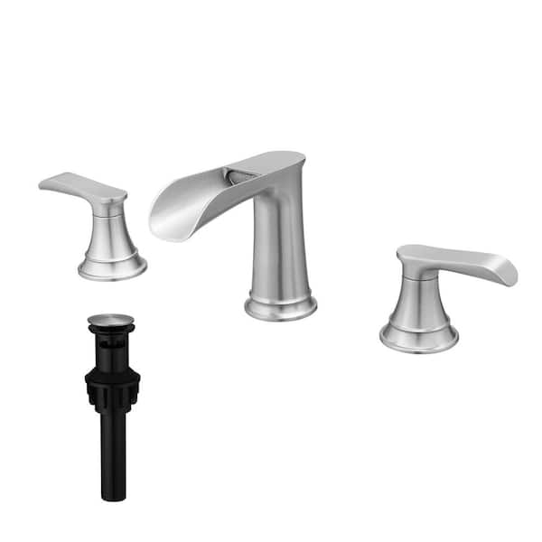 AIMADI 8 in. Widespread Double Handle Waterfall Bathroom Faucet with Drain Assembly 3 Hole Bathroom Sink Taps in Brushed Nickel