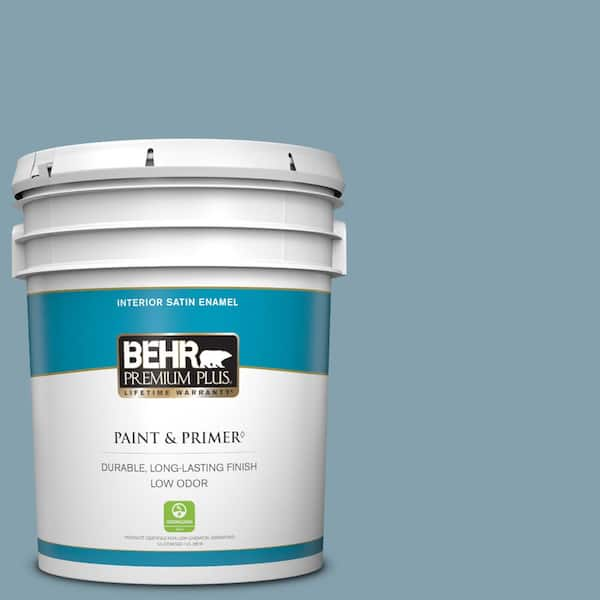 BEHR PREMIUM PLUS 5 gal. #T14-14 Cloisonne Blue Satin Enamel Low Odor Interior Paint & Primer