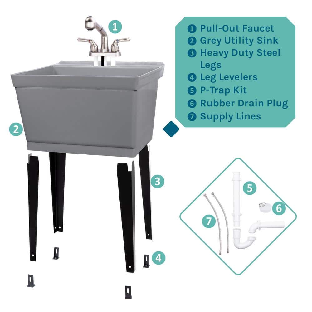 Gray Thermoplastic Freestanding Utility Sink with Stainless Steel Faucet