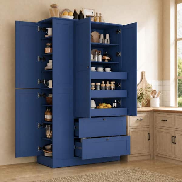 73.6" Tall Blue Farmhouse Kitchen Pantry Cabinet with 8 Shelves, 2 Drawers, 3 Pull-Out Trays, 4 Doors and Side Cabinets
