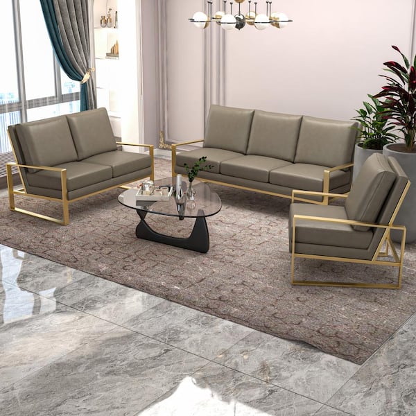 3-Piece Sofa Set Upholstered in Leather with Gold Stainless Steel Base and Removable Cushions in Grey