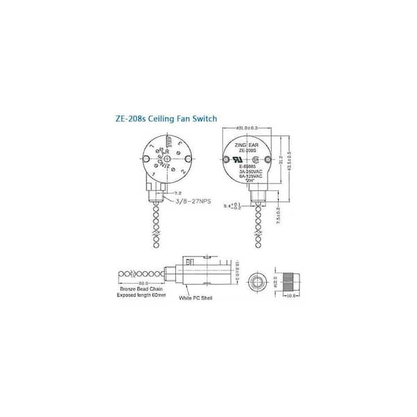 phyfalip Ceiling Fan Pull Chain Switch ZE-208s 3 Speed 4 Wire