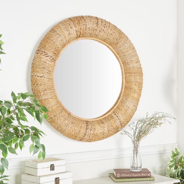 Litton Lane 35 in. x 35 in. Coiled Weaved Frame Round Framed Brown Wall Mirror