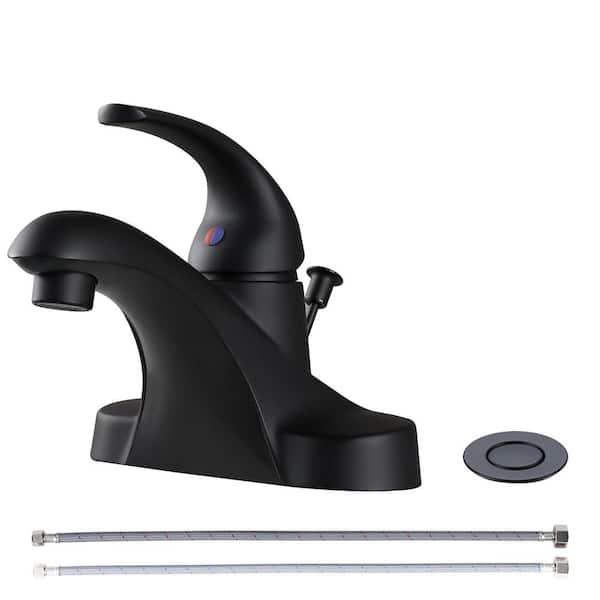 VEVETTA Modern 4 in. Centerset Single Handle Bathroom Faucet, Low Arc Basin Faucet with Lift Rod Drain Kit in Matte Black
