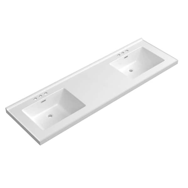 72 in. W x 22 in. D Solid Surface White Rectangular Double Sink Bathroom Vanity Top and Basin with 3-Faucet Hole