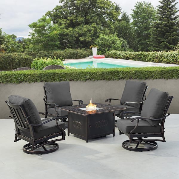 Oakland Living Black 5-Piece Aluminum Patio Fire Pit Set with Red Cushions