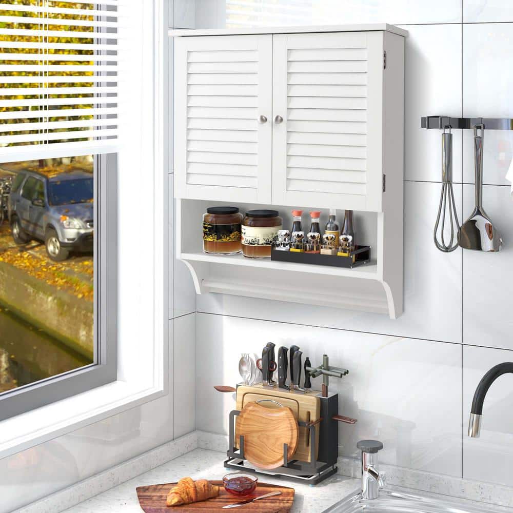 23 in. W x 9 in. D x 30 in. H Bathroom Storage Wall Cabinet in White Medicine Cabinet with Louvered Doors and Towel Bar price history on PriceWatchPro