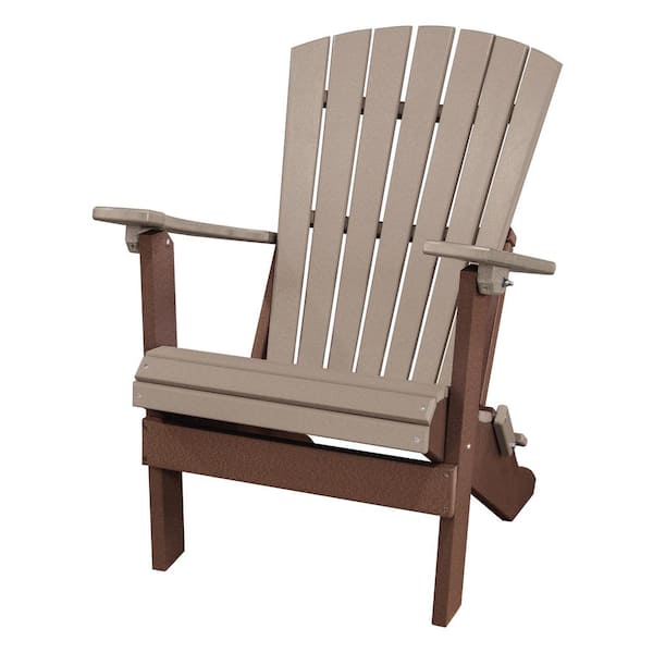 American Furniture Classics All Poly 29 in. Tudor Brown Frame Folding Poly Resin 1-Person Adirondack Chair with Weather Wood Seat