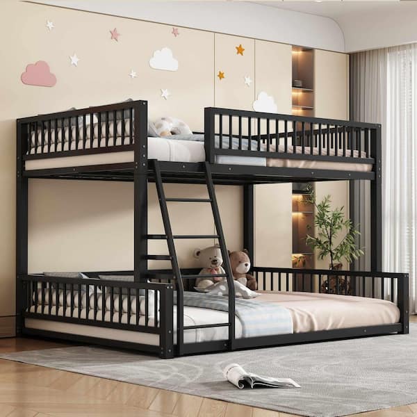 Black Full XL Over Queen Bunk Bed with Ladder and Safety Guardrails