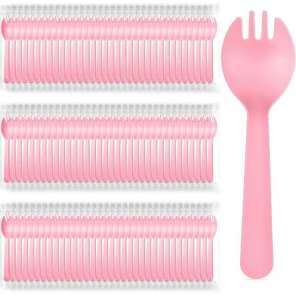 Pink Pink Disposable Plastic Sporks Individually Wrapped Disposable Tableware Set (150 Per Case) for Parties