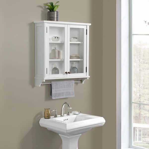 White bathroom cabinet with towel deals bar