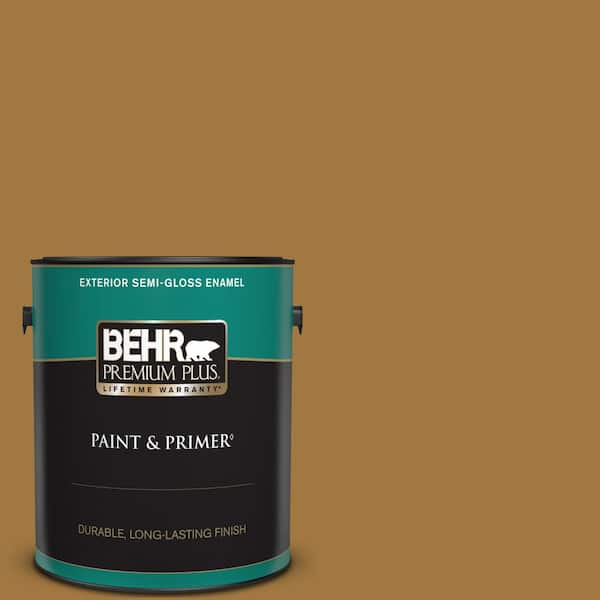 BEHR PREMIUM PLUS 1 gal. #310F-6 Goldenrod Tea Semi-Gloss Enamel Exterior Paint & Primer