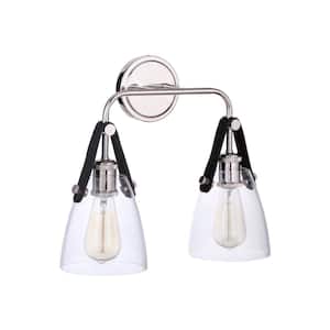 Hagen 16 in. 2-Light Polished Nickel Finish Vanity Light with Crystal Clear Glass Suspended from Genuine Leather Strap