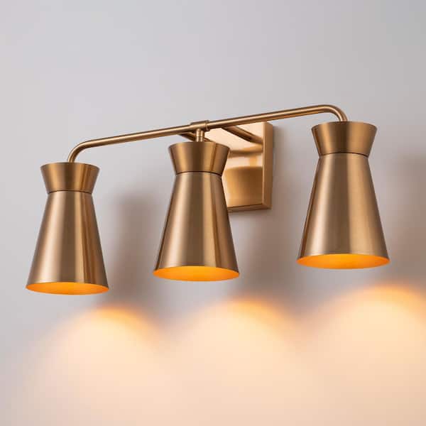 21.65 in. 3-Light Brass Dimmable Bathroom Wall Sconce over Mirror Vanity Light with Cone Metal Shades