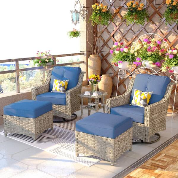 Eureka Grey 5-Piece Modern Wicker Outdoor Patio Conversation Swivel Rocking Chair Seating Set with Blue Cushions