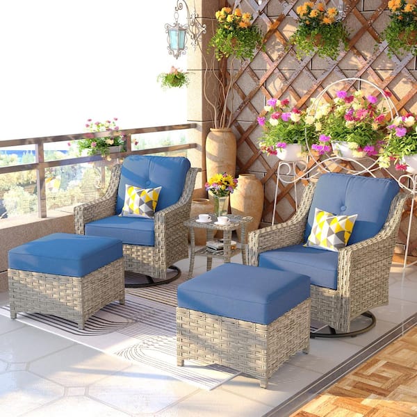 Toject Eureka Grey 5-Piece Modern Wicker Outdoor Patio Conversation Swivel Rocking Chair Seating Set with Blue Cushions