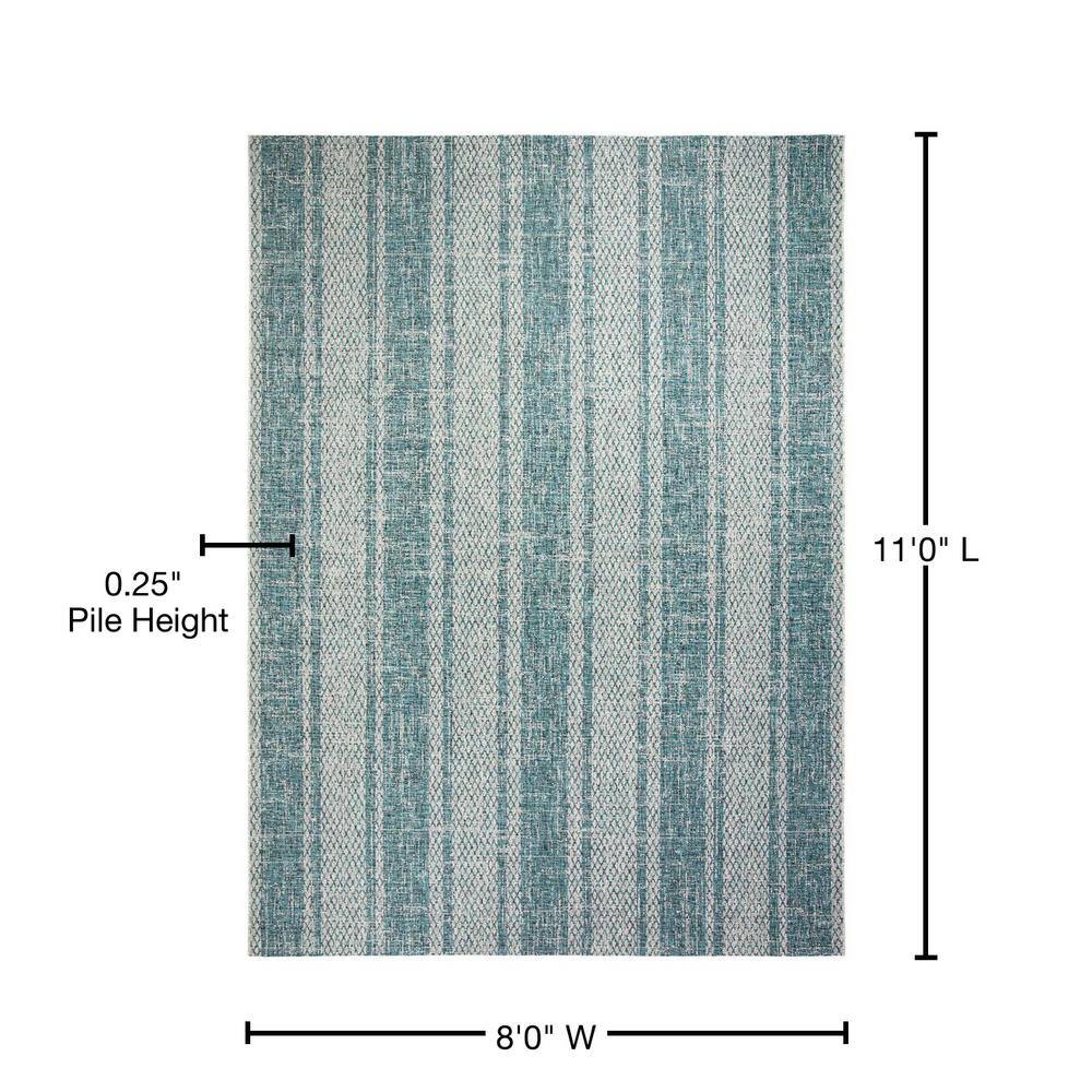 Light Gray and Teal Striped Outdoor Area Rug