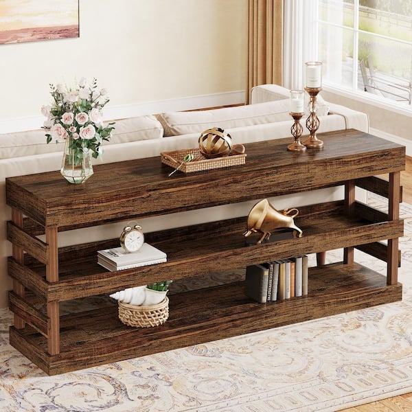 BYBLIGHT Turrella 70.86 in. Brown Rectangle Wood Console Table Farmhouse Entryway Table with 3-Tier Shelf for Living Room Hallway