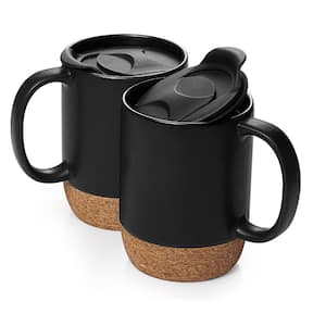 15 oz. Large Ceramic Coffee Mug with Cork Bottom and Spill Proof Lid, Set of 2, Matte Black