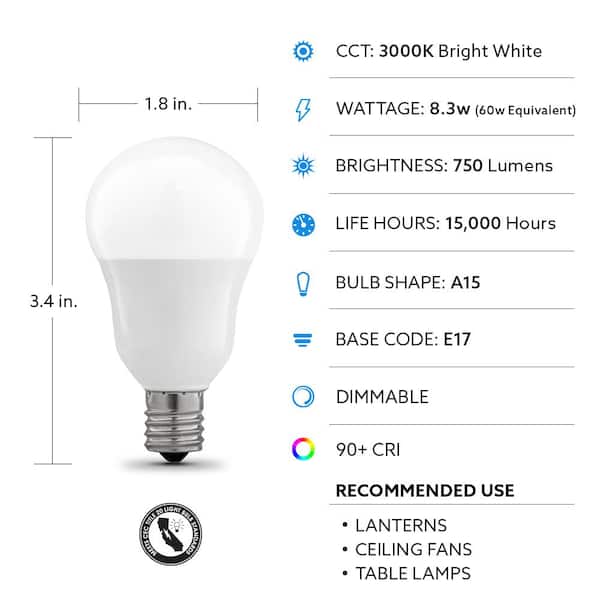 Feit Electric 60 Watt Equivalent A15, Harbor Breeze Ceiling Fan Bulb Size Chart